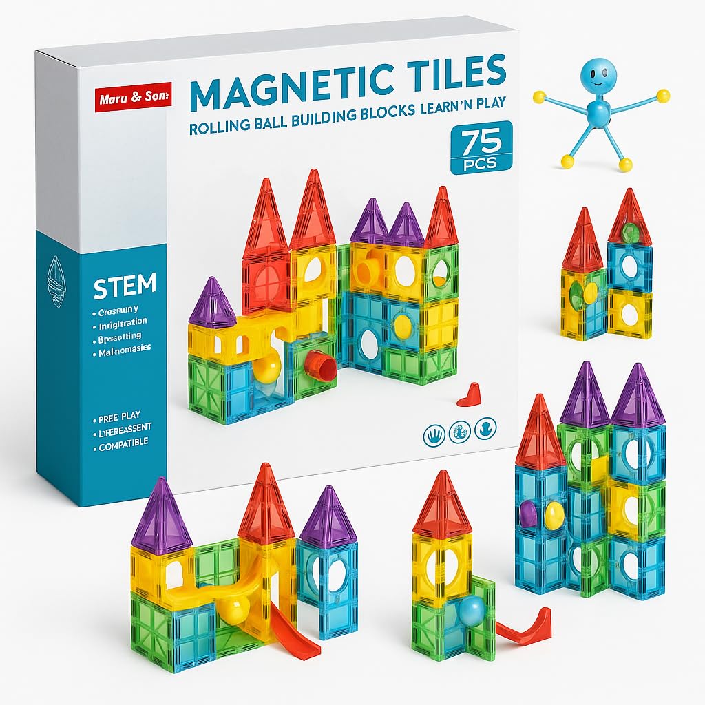 TIPTOP 75 Piece Magnetic Tiles Rolling Ball STEM Building Set