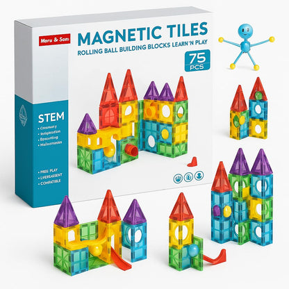 TIPTOP 75 Piece Magnetic Tiles Rolling Ball STEM Building Set