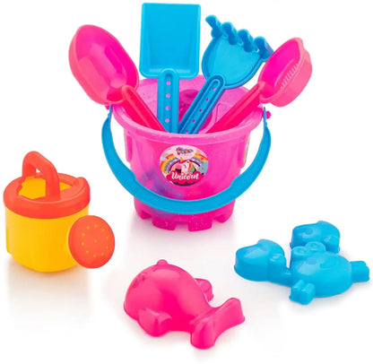 A children's beach toy set with a pink bucket, blue handles, pink and blue shovels and spades, a yellow and orange sand bucket, and blue animal molds. TIPTOP Beach Fun Builder Toy Set_1