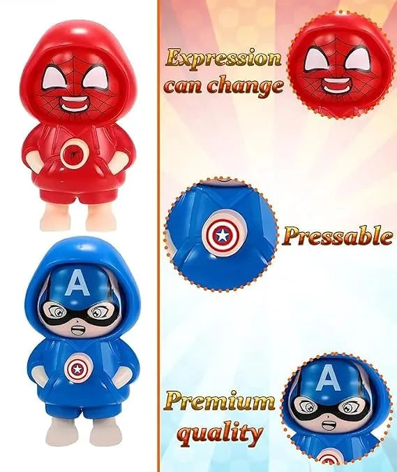 A children's toy character shown in two color variants: a red Spider-Man-themed outfit and a blue Captain America-themed outfit, alongside circular close-ups of the face and chest emblem with text reading 'Expression can change,' 'Pressable,' and 'Premium quality.'.