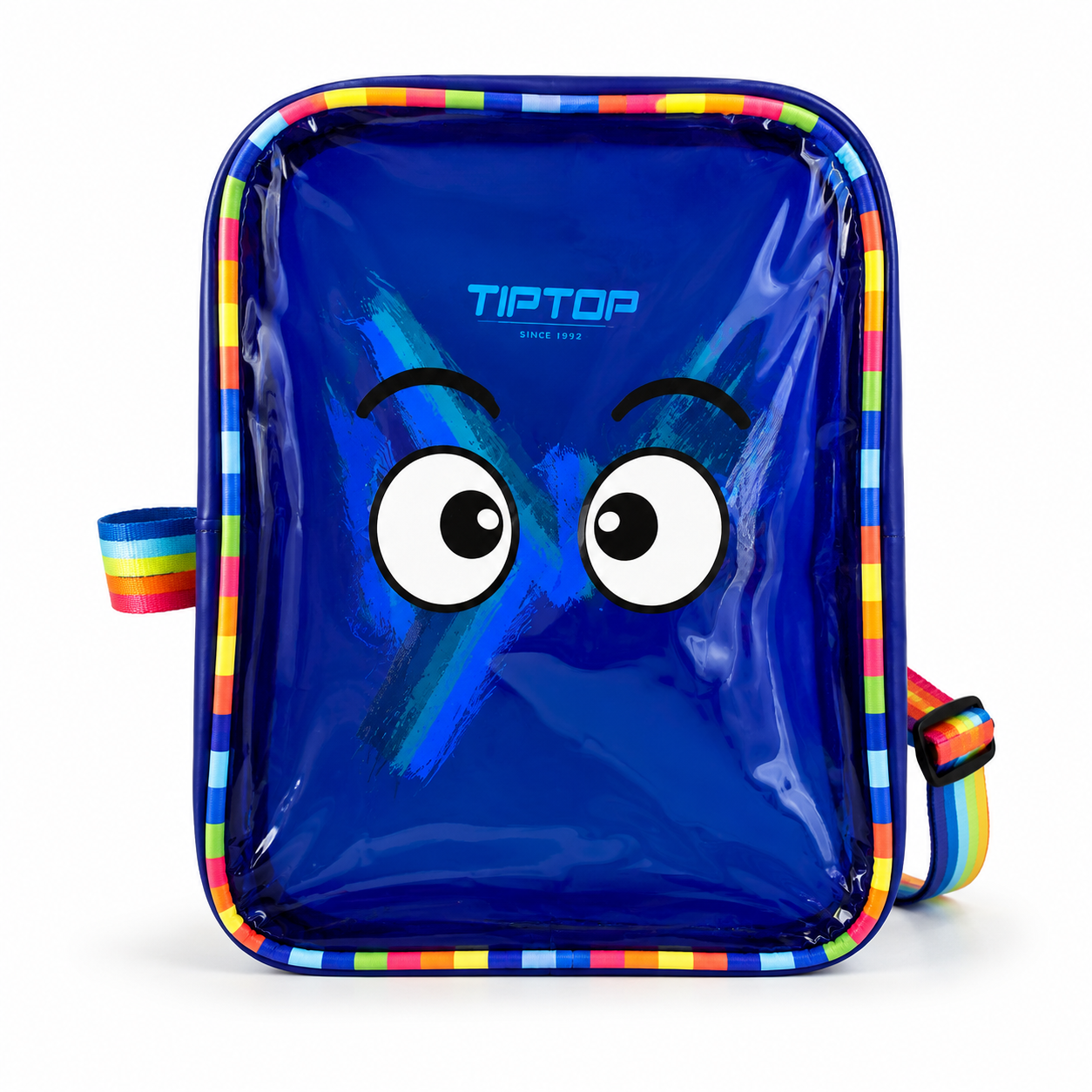 A blue Tiptop school bag featuring a cartoon face with large eyes on the front, a colorful striped border, and a matching adjustable shoulder strap, shown on a white background.