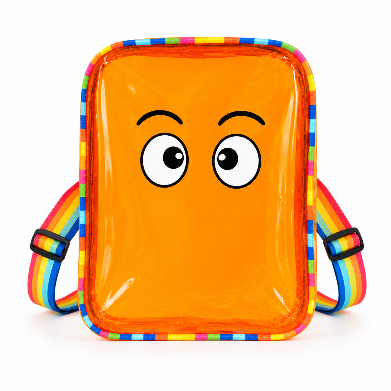 A clear orange waterproof backpack with a cartoon face printed on the front and a colorful rainbow-striped border and shoulder strap, shown on a white background.
