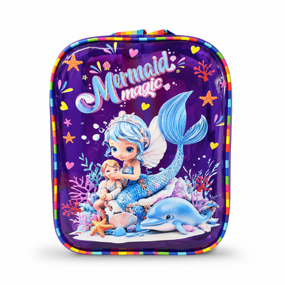 A purple rectangular hard case with rounded corners, featuring a colorful mermaid-themed illustration and the words 'Mermaid magic' on the front, photographed on a plain white background.