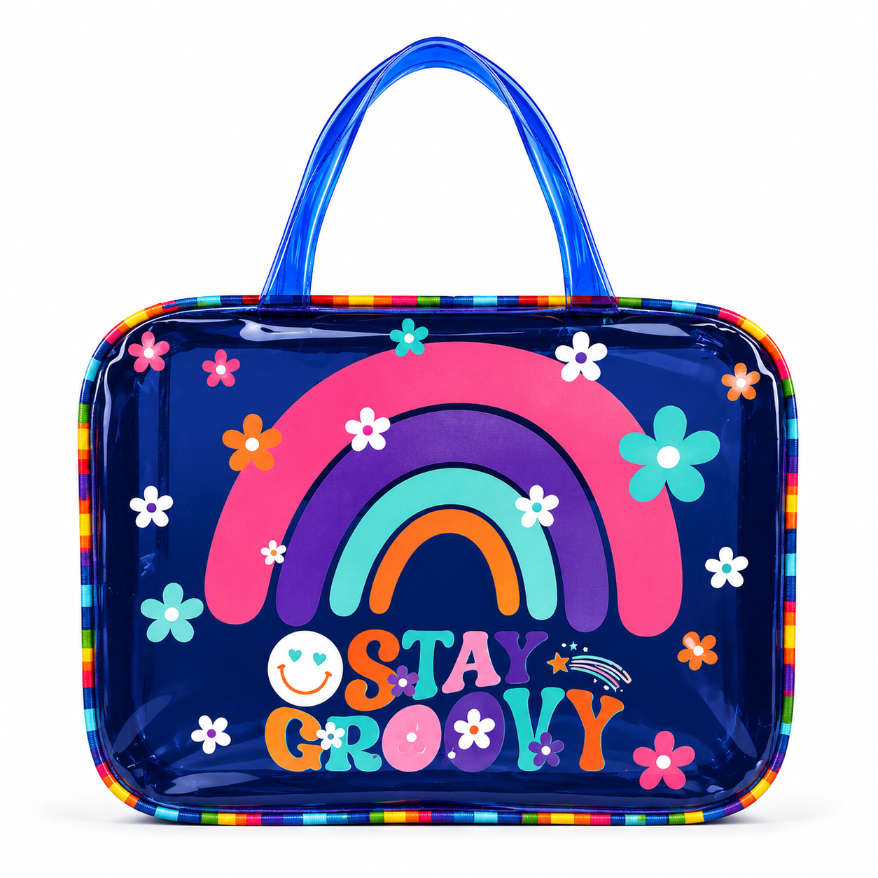 A glossy navy blue tote bag with a colorful rainbow and flower print, featuring the text 'STAY GROOVY' and a smiley face. The bag has blue handles and a multicolor striped border.