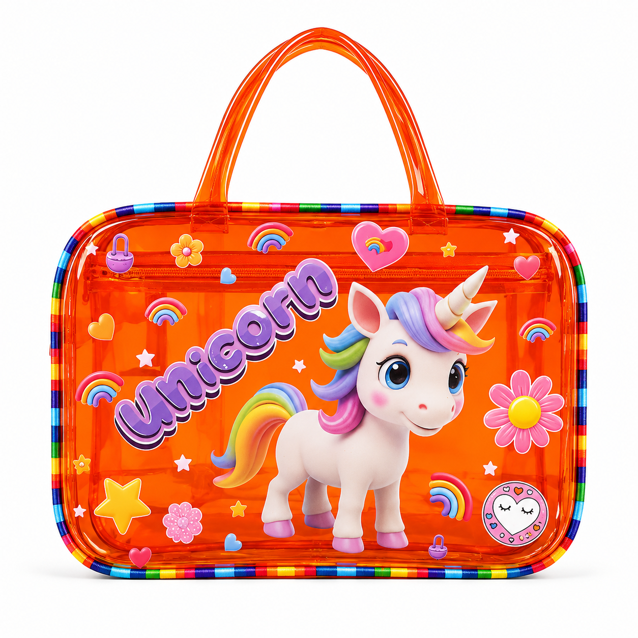 A bright orange translucent plastic bag with a top handle, featuring a colorful unicorn graphic, rainbow accents, stars, flowers, and the word 'Unicorn' on the front, shown on a plain white background.

