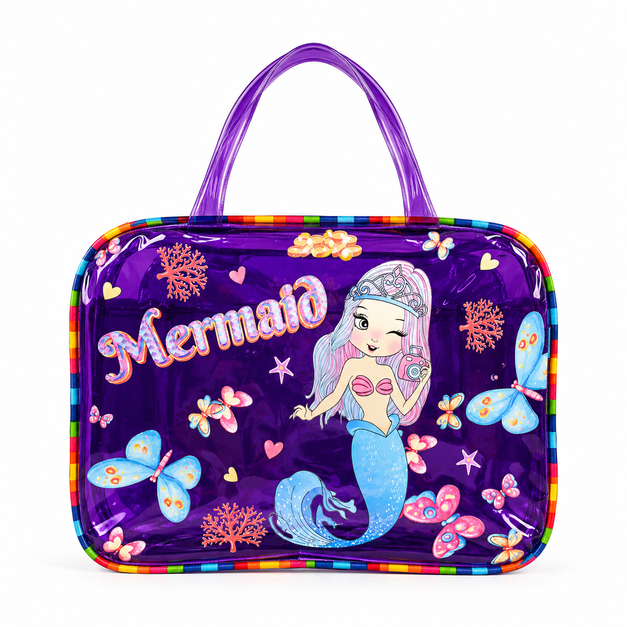 A purple translucent plastic cosmetic bag featuring a mermaid illustration, the word 'Mermaid' in pink script, and colorful butterfly and coral motifs, with rainbow trim and purple handles.