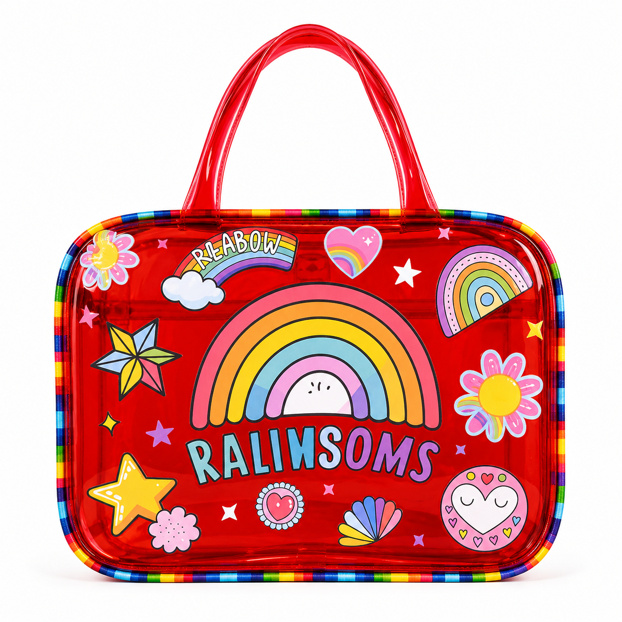A red translucent plastic bag with a colorful cartoon design featuring a rainbow, flowers, stars, hearts, and the text 'RAINBOW RALINSOMS'.