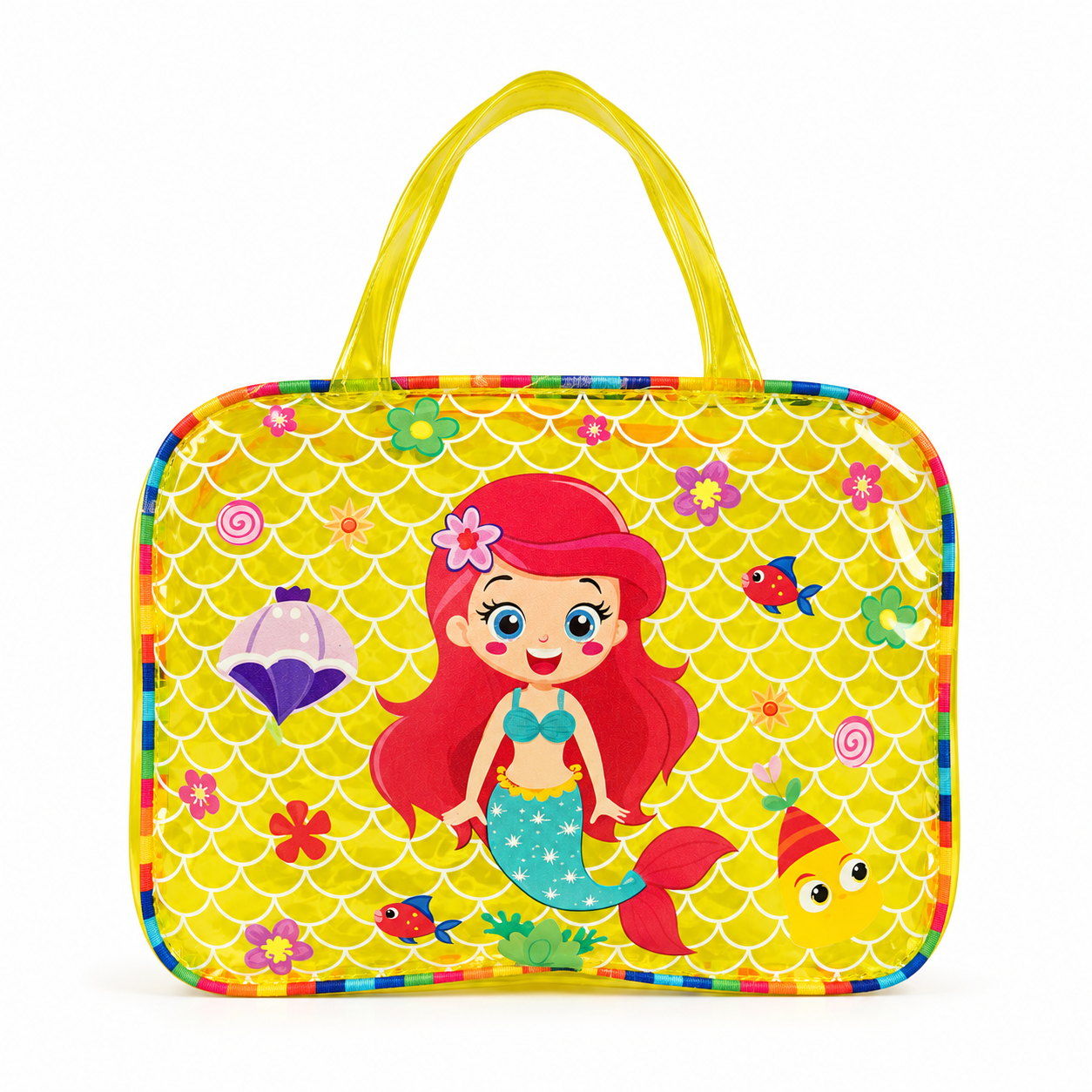 A bright yellow children's tote bag featuring a cartoon mermaid with red hair, colorful fish, and a scalloped pattern, shown on a plain white background.

