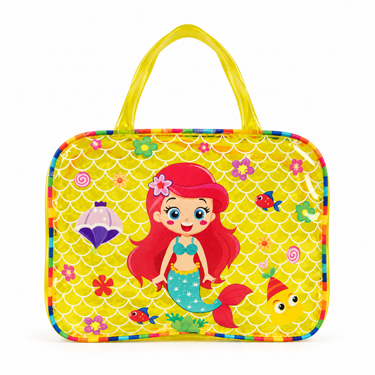 A bright yellow children's tote bag featuring a cartoon mermaid with red hair, colorful fish, and a scalloped pattern, shown on a plain white background.

