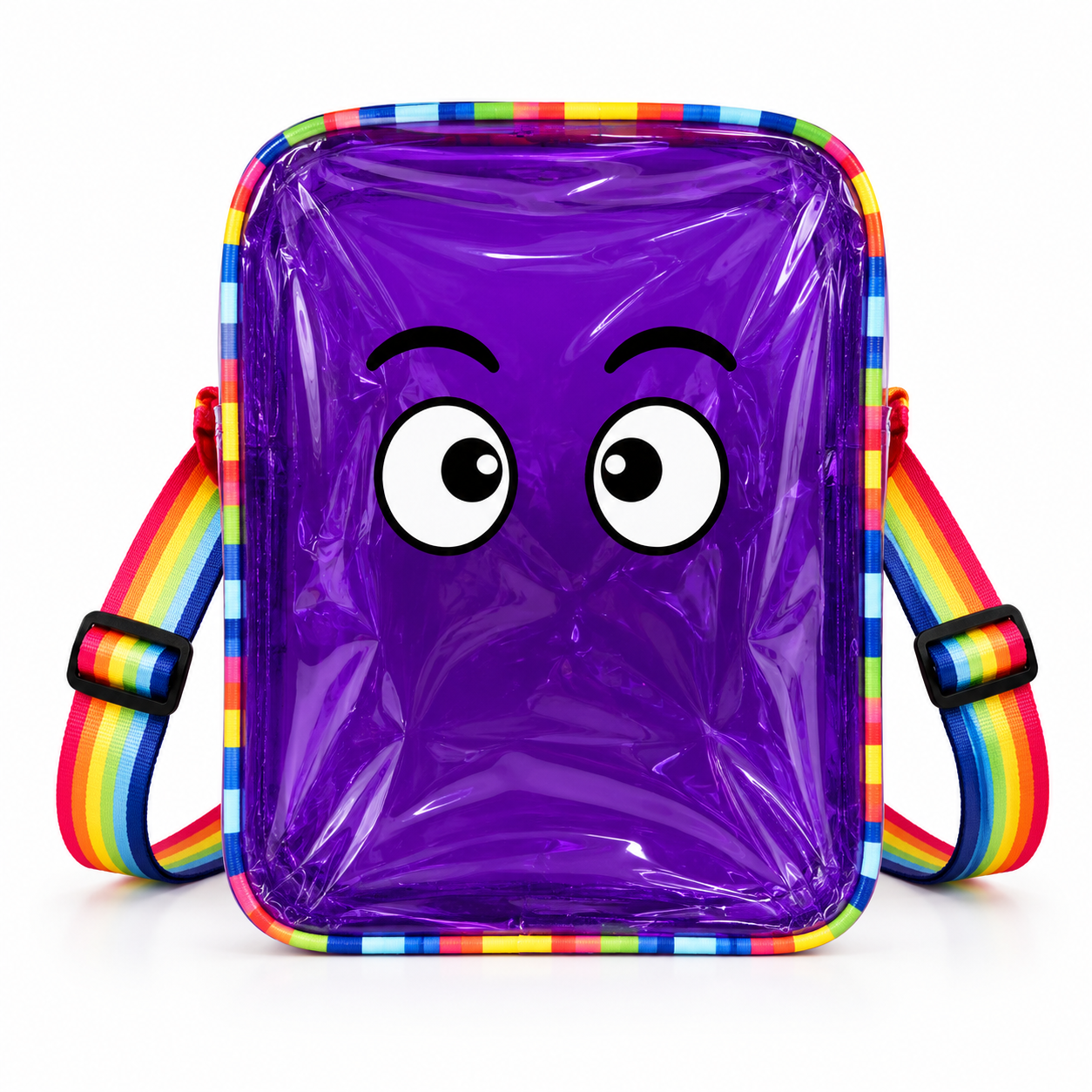 A purple transparent waterproof bag with a cartoon face and rainbow-striped straps, shown on a white background.