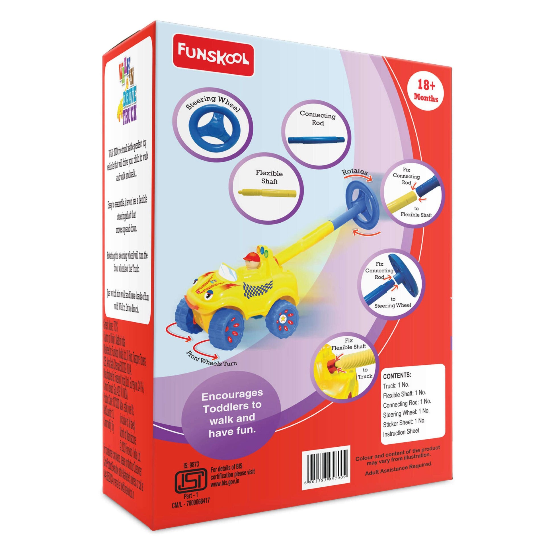 Funskool Toddler Walk N Drive Truck: Adjustable Steering, Early Learning Ride-On Toy