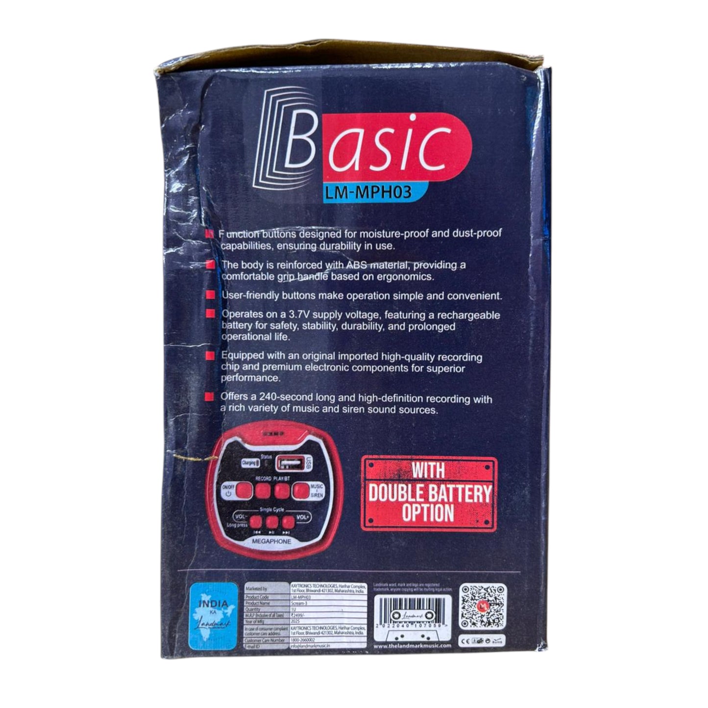 Landmark LM-MPH03 Handheld Megaphone with Rechargeable Dual Battery/USB/TF/Music/Bluetooth Power Output 200 W Max Covers a Distance Upto 500 metres