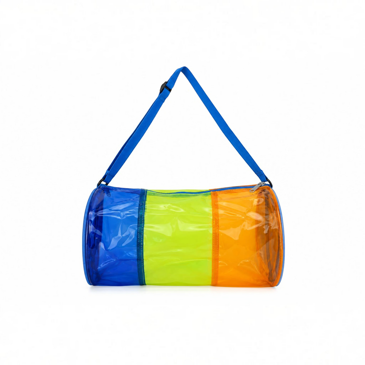 TipTop Retail transparent neon jelly duffle bag with blue, yellow, and orange PVC panels and blue shoulder strap.
