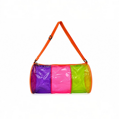 TipTop Retail neon jelly duffle bag in transparent purple, pink, and green PVC with an orange shoulder strap.