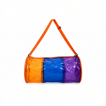 TipTop Retail neon jelly duffle bag in transparent orange, blue, and purple PVC with an adjustable orange strap.
