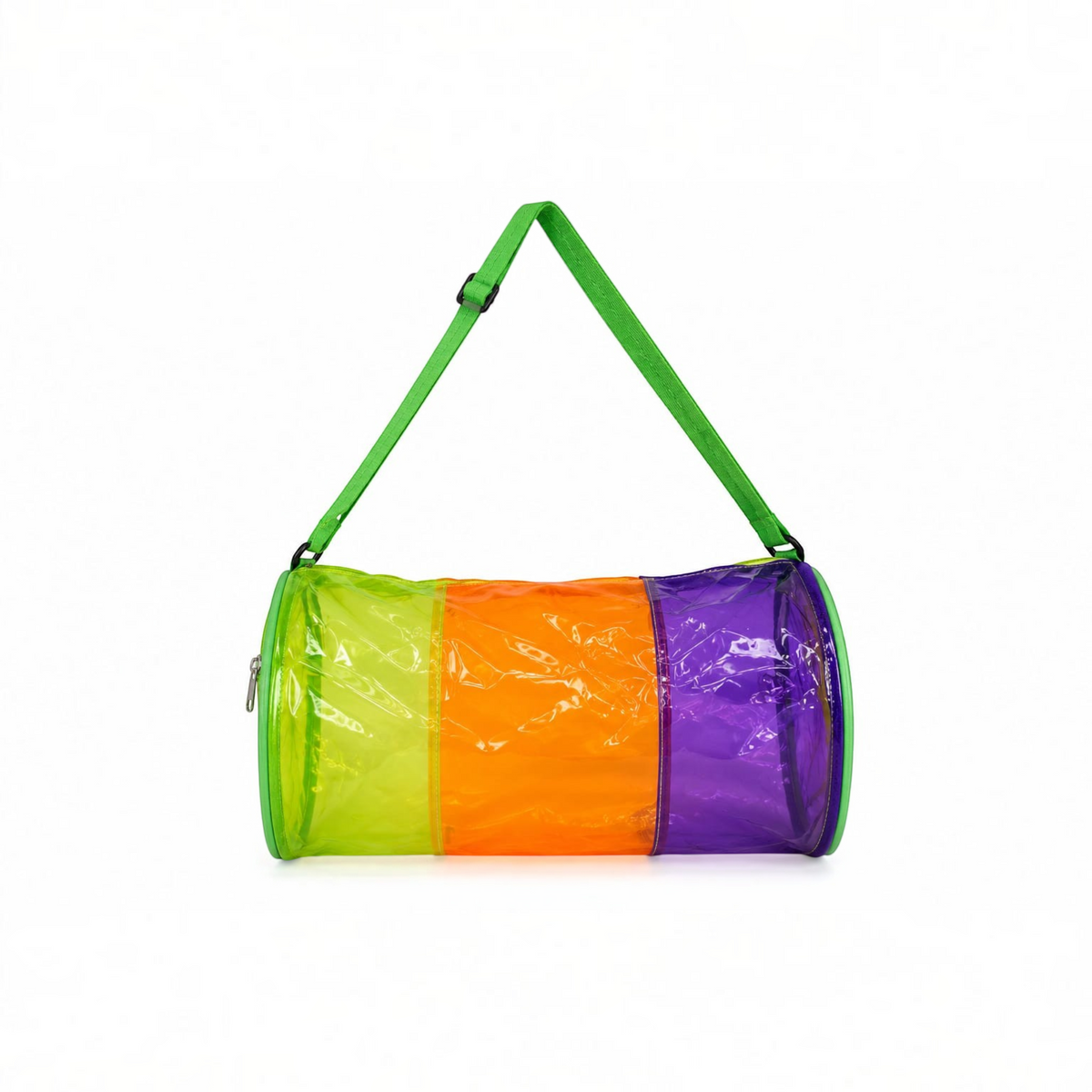 TipTop Retail neon jelly duffle bag in transparent yellow, orange, and purple PVC with a green shoulder strap.