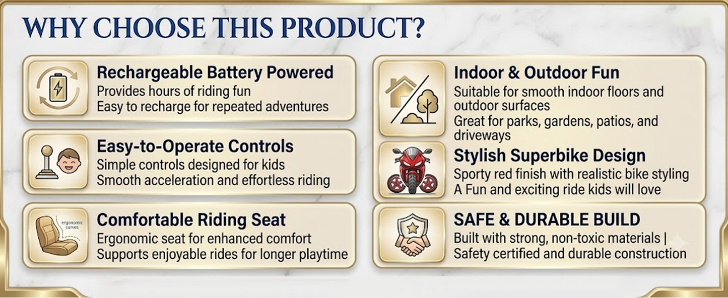 Toy House Battery Operated Ride-On Bike for Kids 3 to 8 Years - B018-Metalic Red