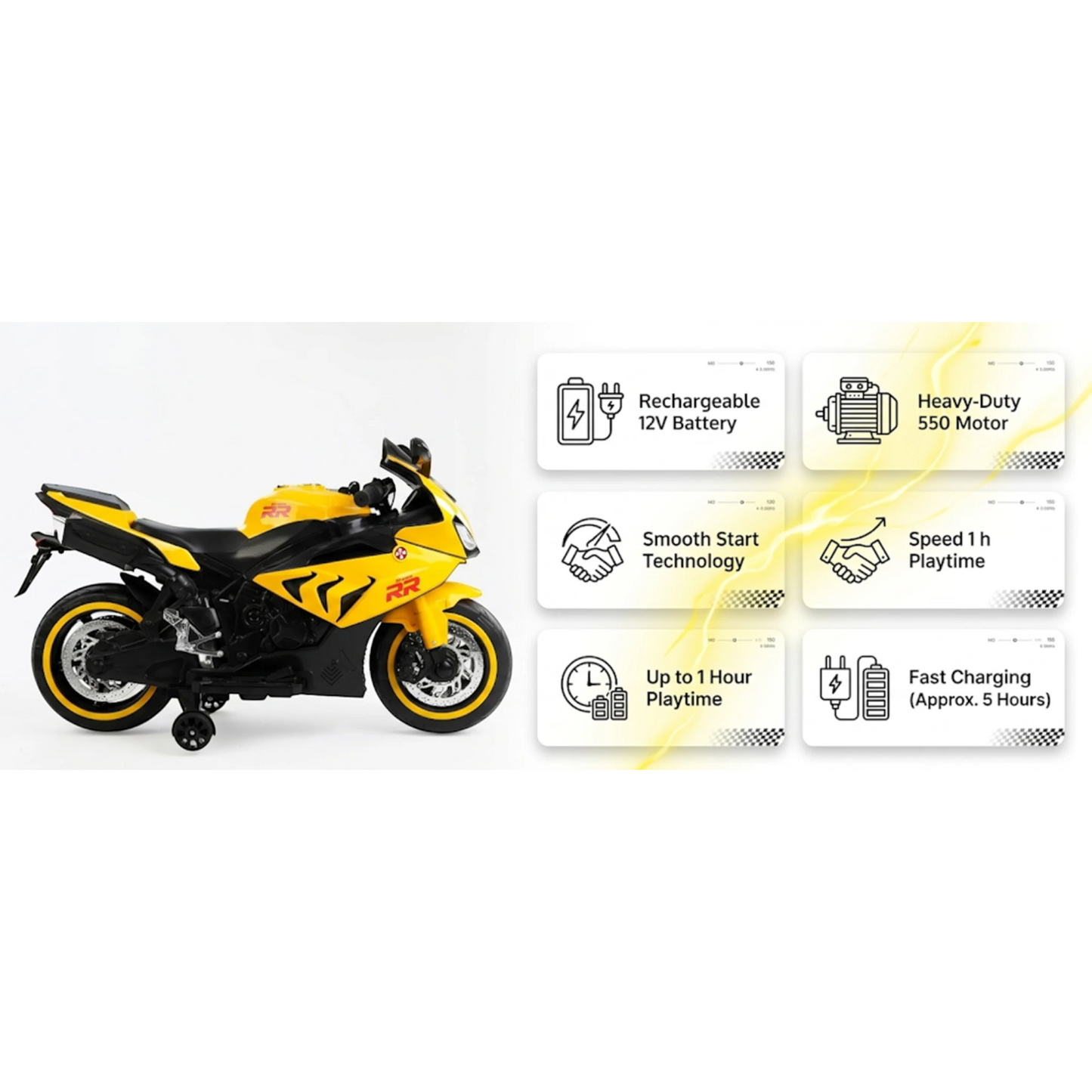 Toy House Battery Operated Ride-On Bike for Kids 3 to 8 Years - B018-Yellow