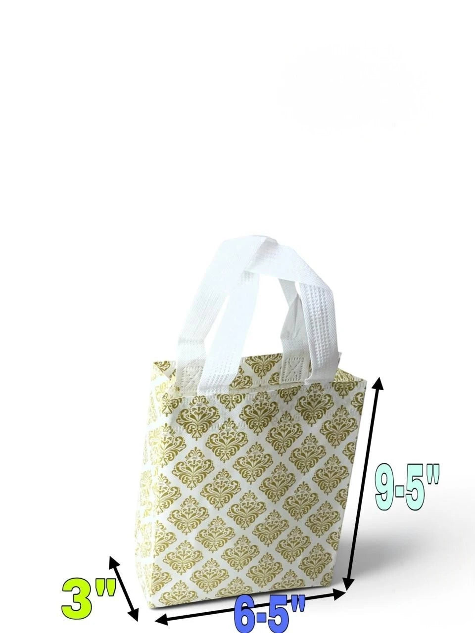 9.5" Carry Bag for Return Gifts, Canvas Fabric Bags for Wedding & Festivals, White-Gold Printed (Small)
