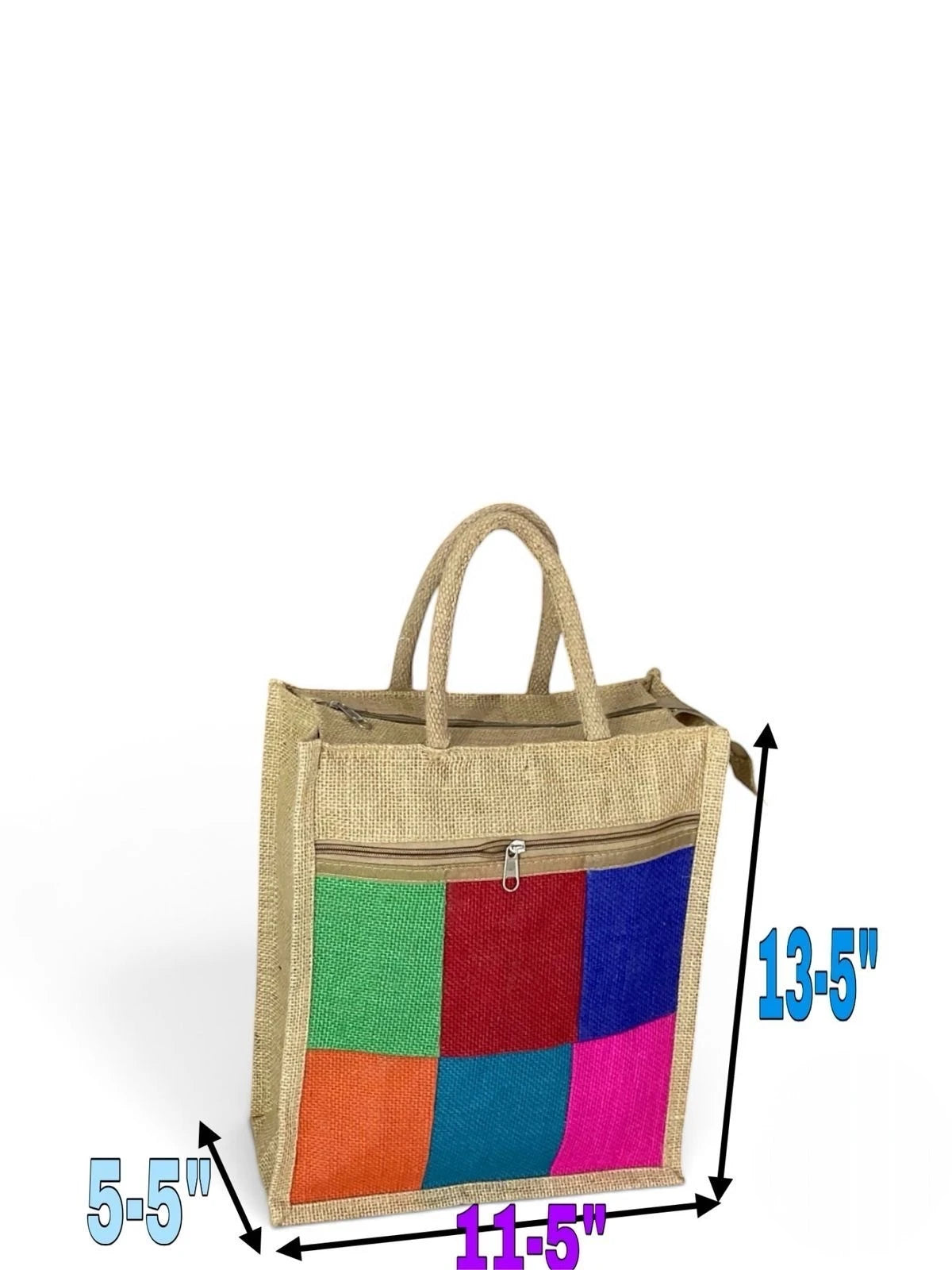 Jute Multicolour Square Checks Tote Bag with Zipper