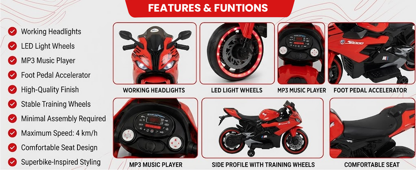 Toy House Battery Operated Ride-On Bike for Kids 2 to 6 Years - B011-Red