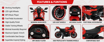 Toy House Battery Operated Ride-On Bike for Kids 2 to 6 Years - B011-Red