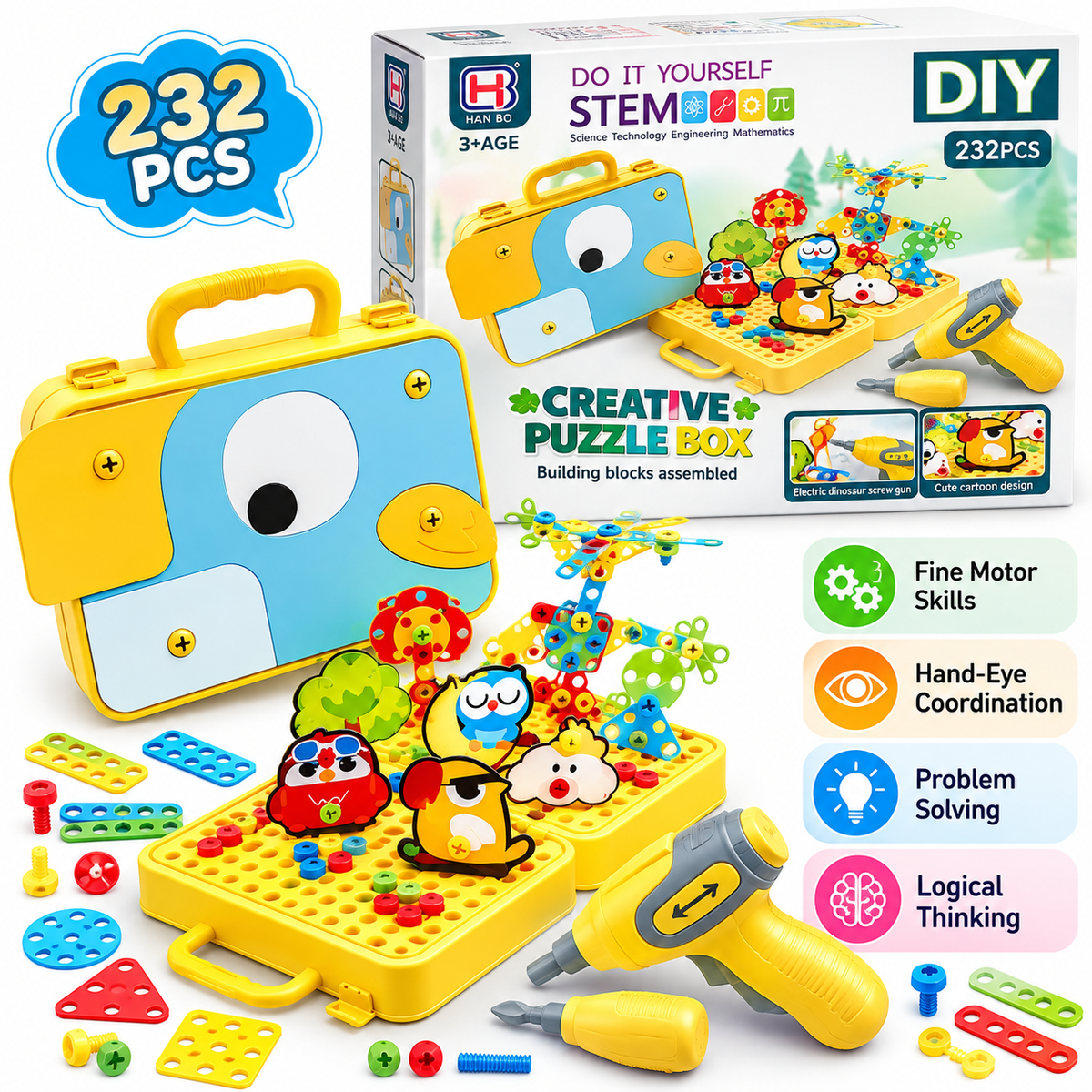 DIY Creative Puzzle Box 232 Pcs – STEM Building & Assembly Kit with Electric Screwdriver, Construction Toy
