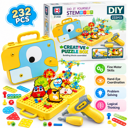 DIY Creative Puzzle Box 232 Pcs – STEM Building & Assembly Kit with Electric Screwdriver, Construction Toy