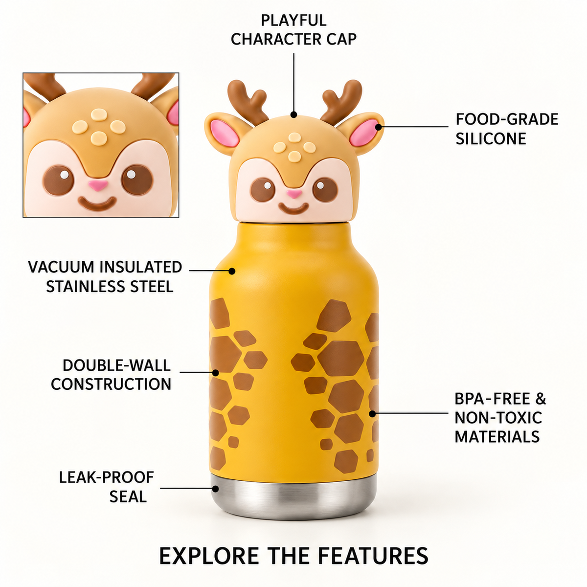 Kids Insulated Hot & Cold Water Bottle – 280 ml | Animal Silicon lids