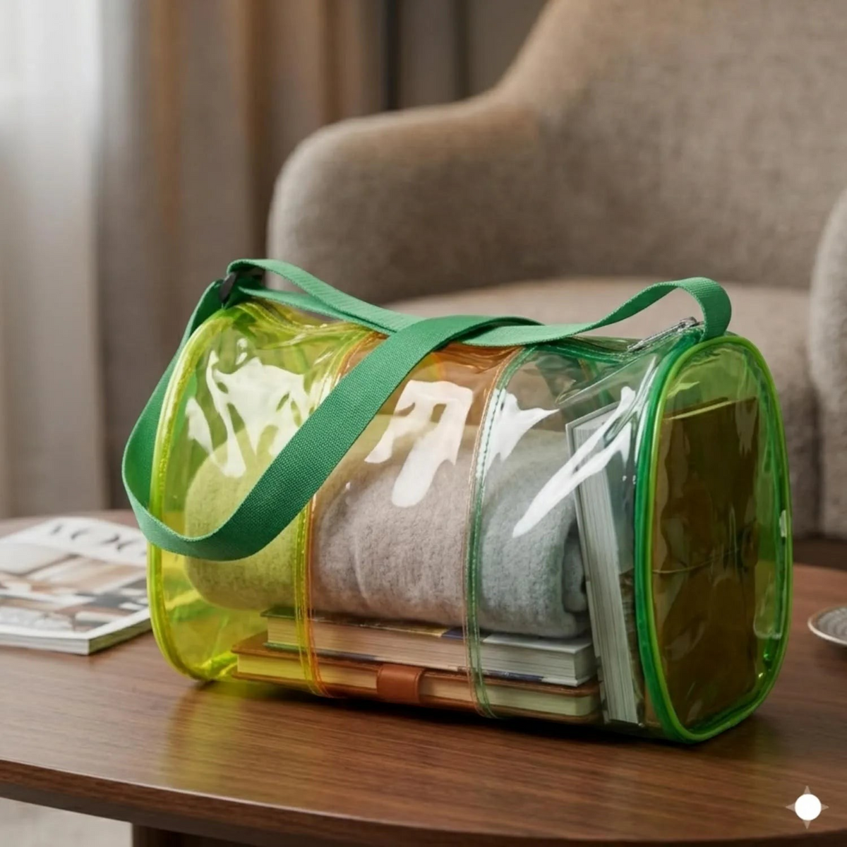TipTop Retail neon yellow transparent PVC jelly duffle bag with green woven straps on a wooden table