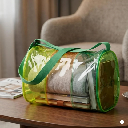 TipTop Retail neon yellow transparent PVC jelly duffle bag with green woven straps on a wooden table