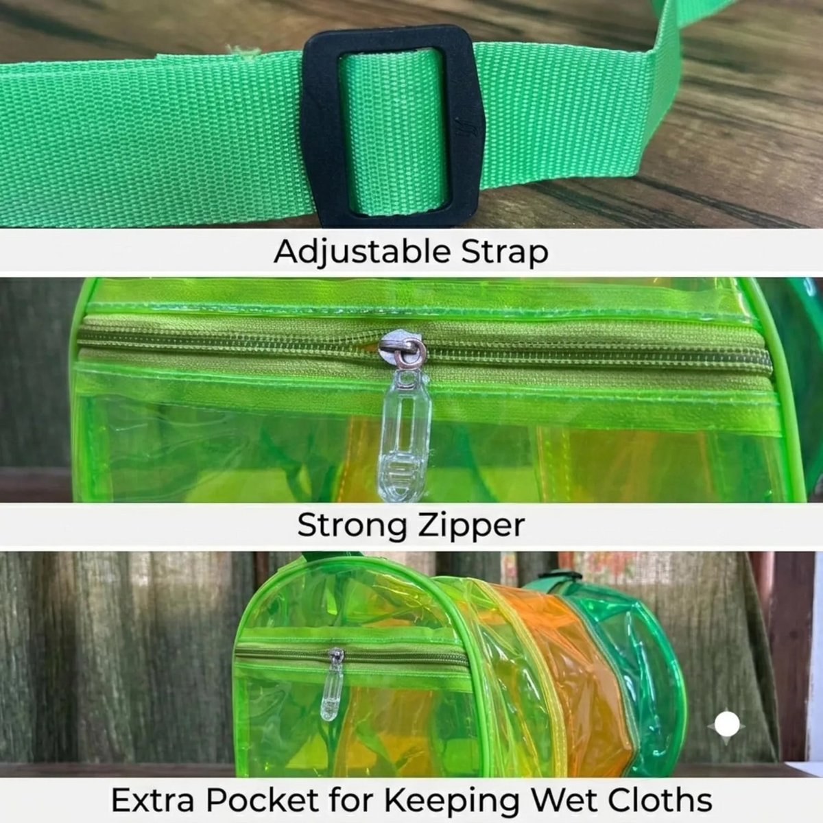 TipTop Retail neon green transparent PVC jelly duffle bag featuring an adjustable strap, strong zipper, and side pocket