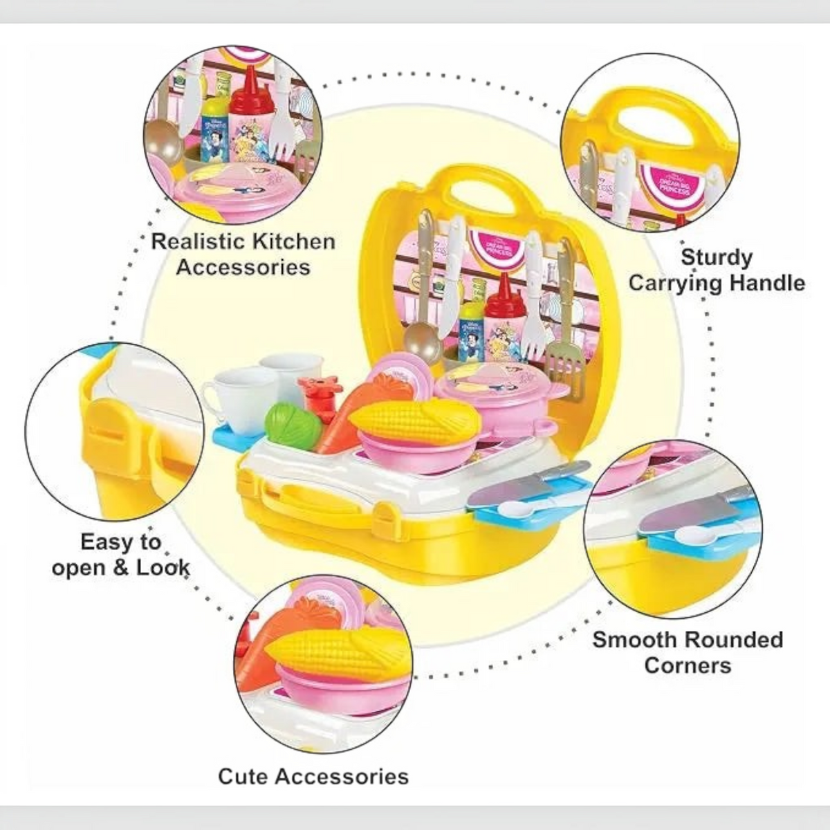 TipTop Retail portable kitchen playset for toddlers in a yellow carry case with realistic plastic cooking accessories