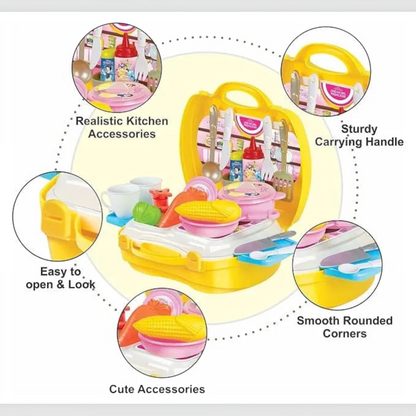 TipTop Retail portable kitchen playset for toddlers in a yellow carry case with realistic plastic cooking accessories