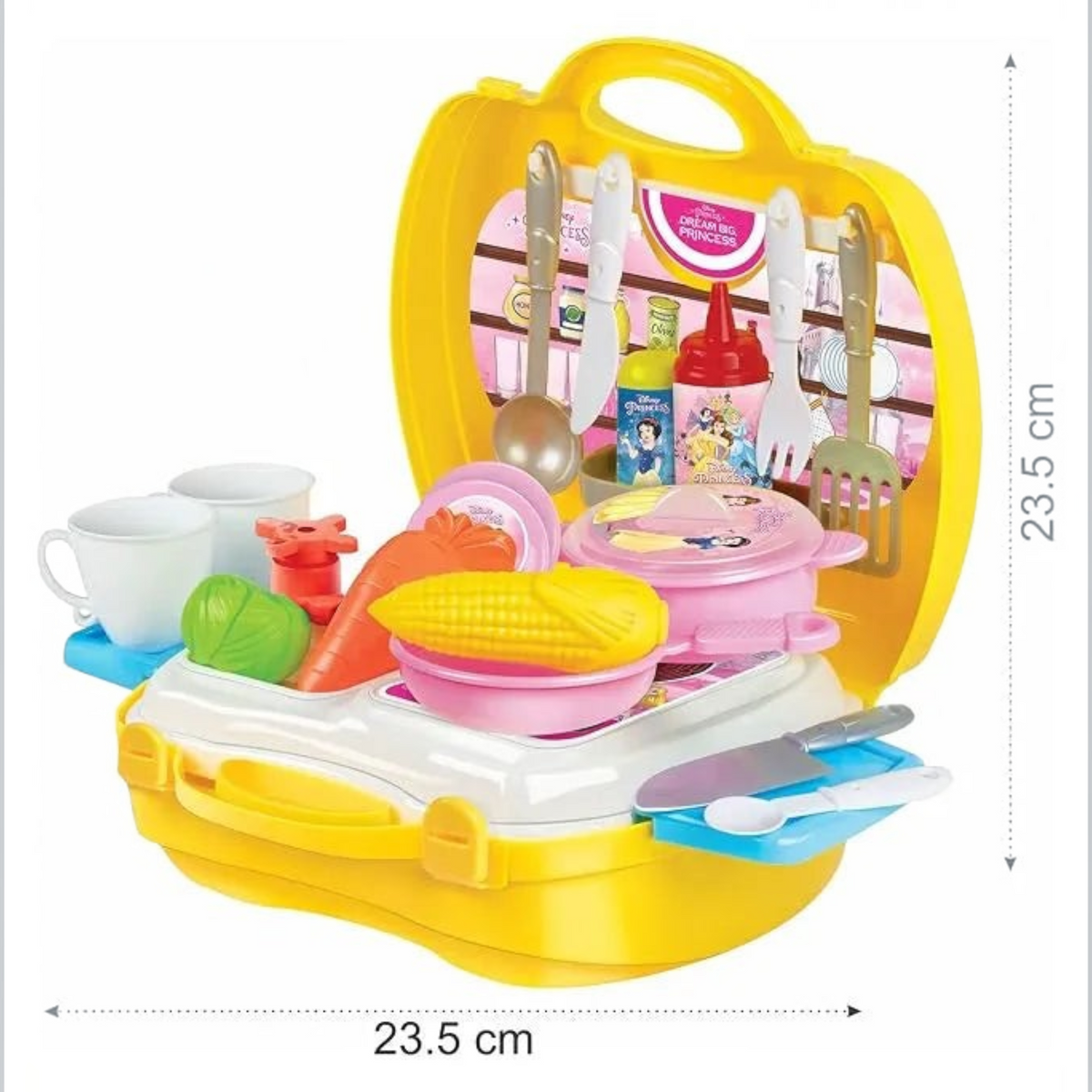 TipTop Retail multi-colored plastic kitchen playset for toddlers with play food, utensils, and a portable carry case.