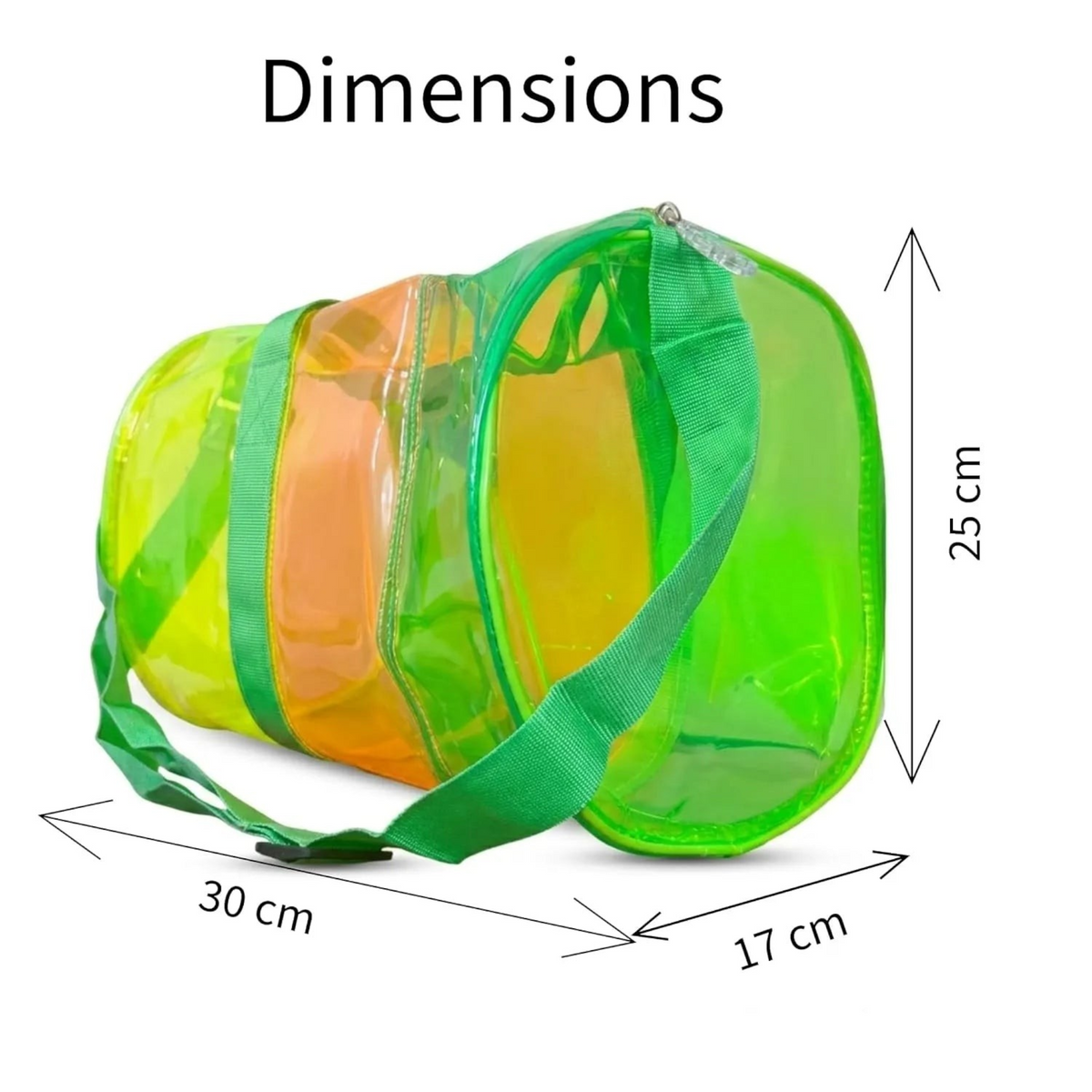 TipTop Retail neon green and orange transparent PVC jelly duffle bag with dimensions shown for beach and pool use.