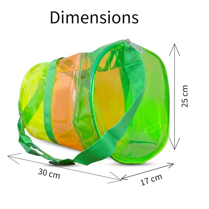 TipTop Retail neon green and orange transparent PVC jelly duffle bag with dimensions shown for beach and pool use.