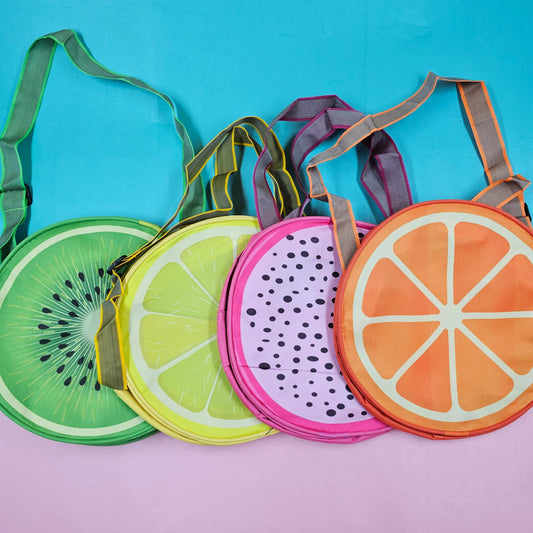 TIPTOP Round Shape Fruit Sling Bag | Colorful Dragon Fruit, Kiwi, Orange, Watermelon, Lime & Pomegranate Design, Lightweight Adjustable Shoulder Bag for Kids (Random Design)