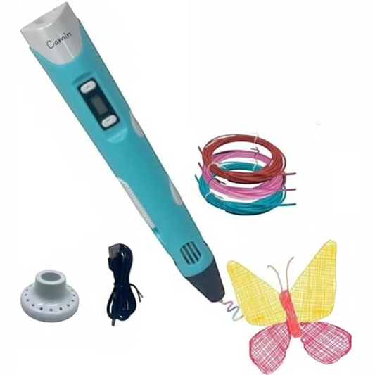 TipTop Retail 3D printing pen in blue with three PLA filament coils, USB cable, stand, and a butterfly art project.