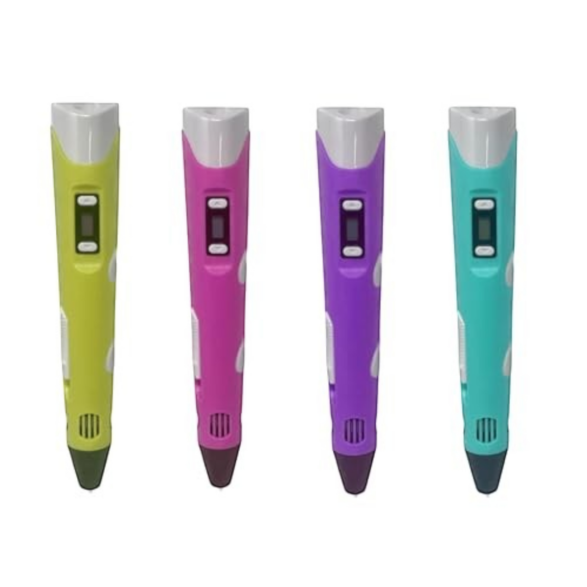 TipTop Retail 3D printing pens in yellow, pink, purple, and teal with ergonomic design and digital display