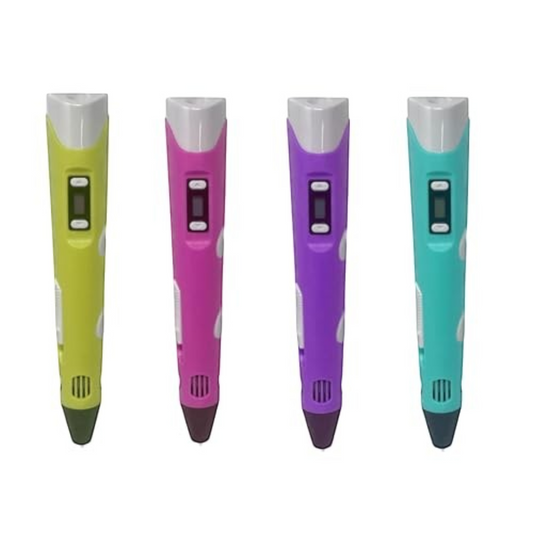 TipTop Retail 3D printing pens in yellow, pink, purple, and teal with ergonomic design and digital display
