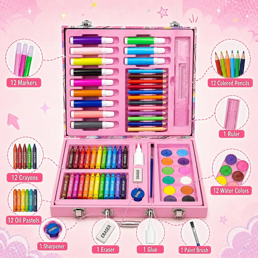 TipTop Retail 67-piece kids art set in a pink aluminium case featuring markers, crayons, pencils, and watercolors.
