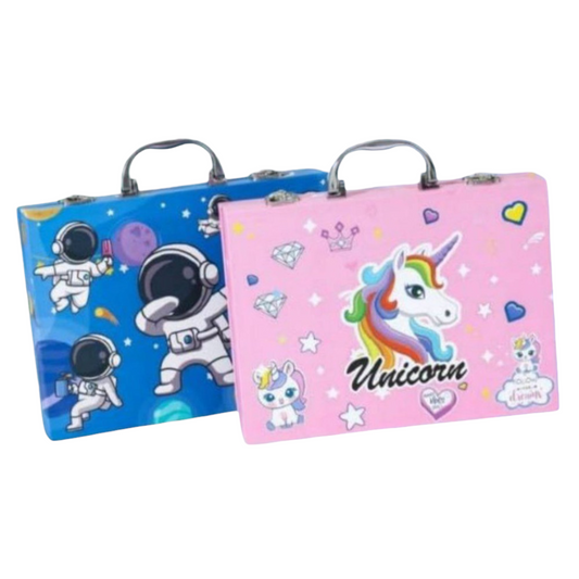 TipTop Retail 67-piece art set in blue astronaut and pink unicorn themed aluminium carry cases for kids.