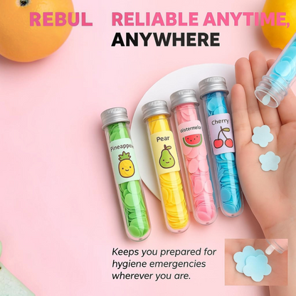 TipTop Retail colourful fruit-scented soap paper strips in clear tubes, perfect for travel and hand hygiene.