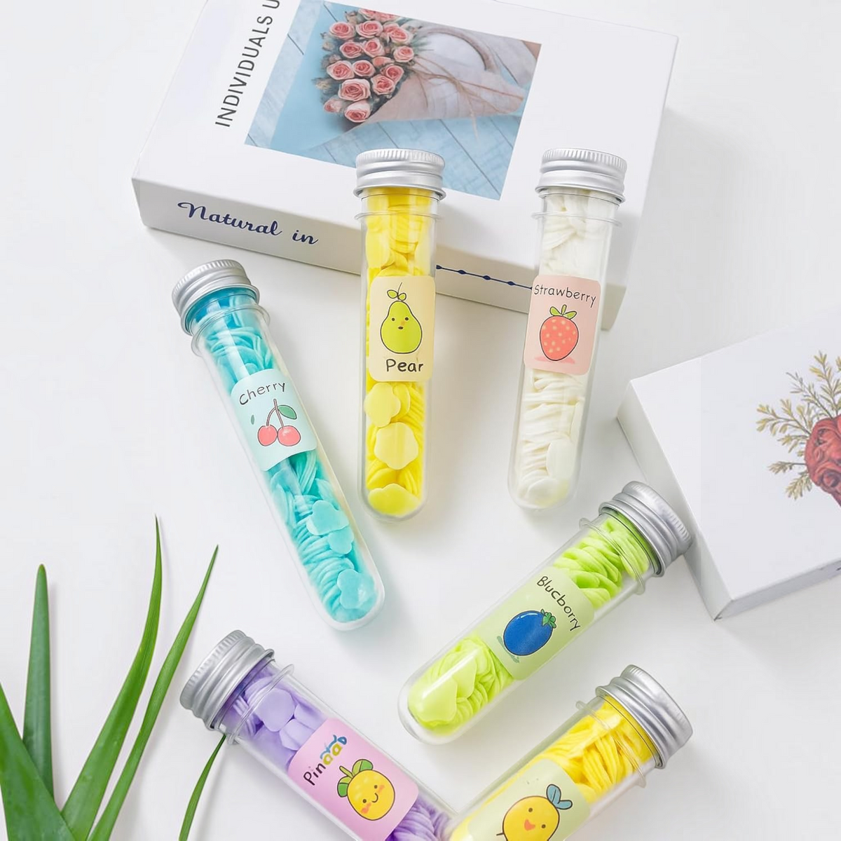 TipTop Retail colourful fruit-scented paper soap strips in clear travel tubes with screw-top lids for kids