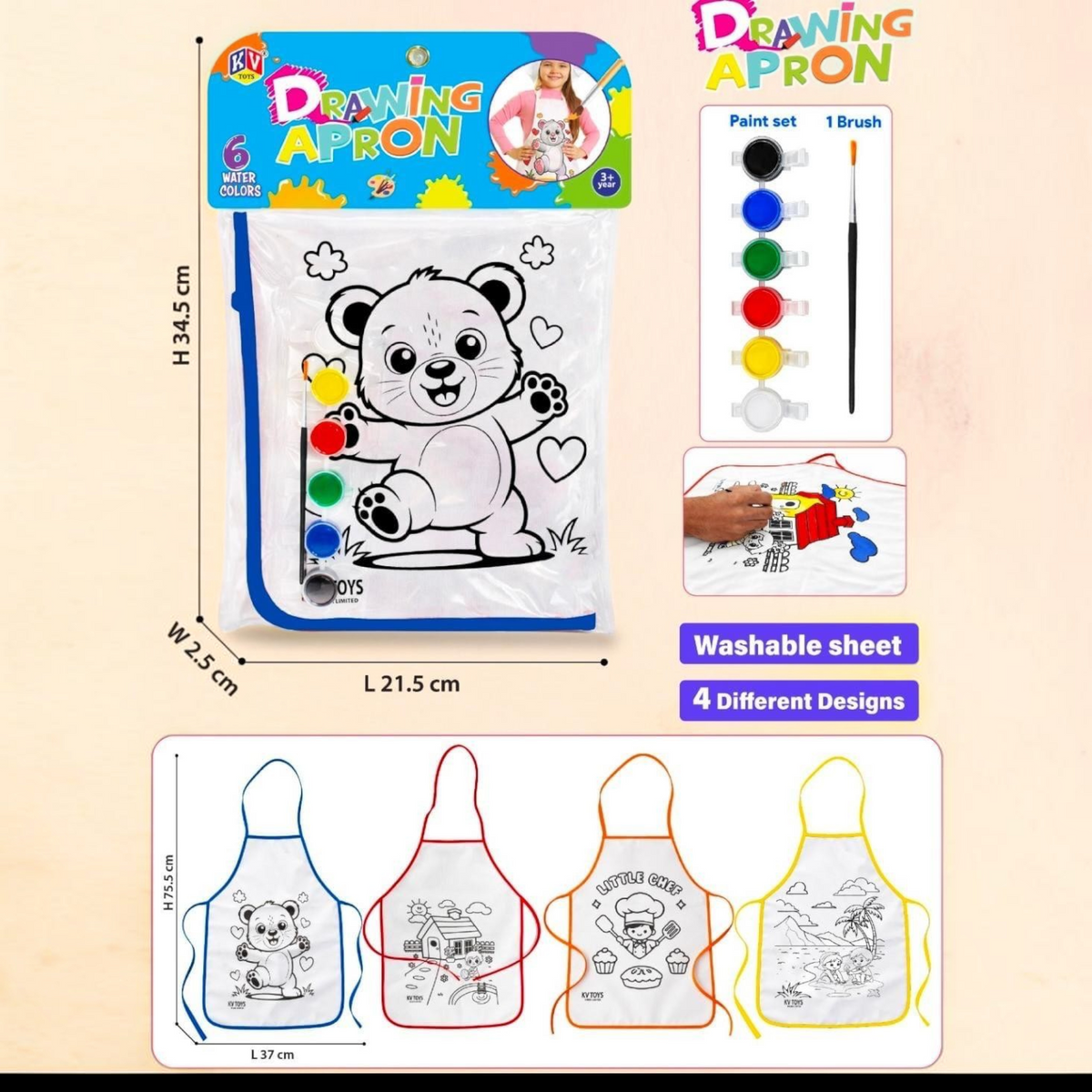TipTop Retail kids creative drawing apron set with washable fabric, six water-based paints, and a paintbrush.