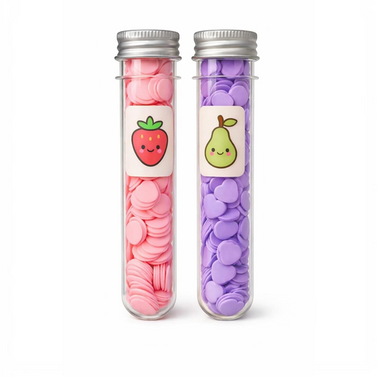 TipTop Retail lavender scented paper soap strips in two clear glass tubes with cute strawberry and pear labels.