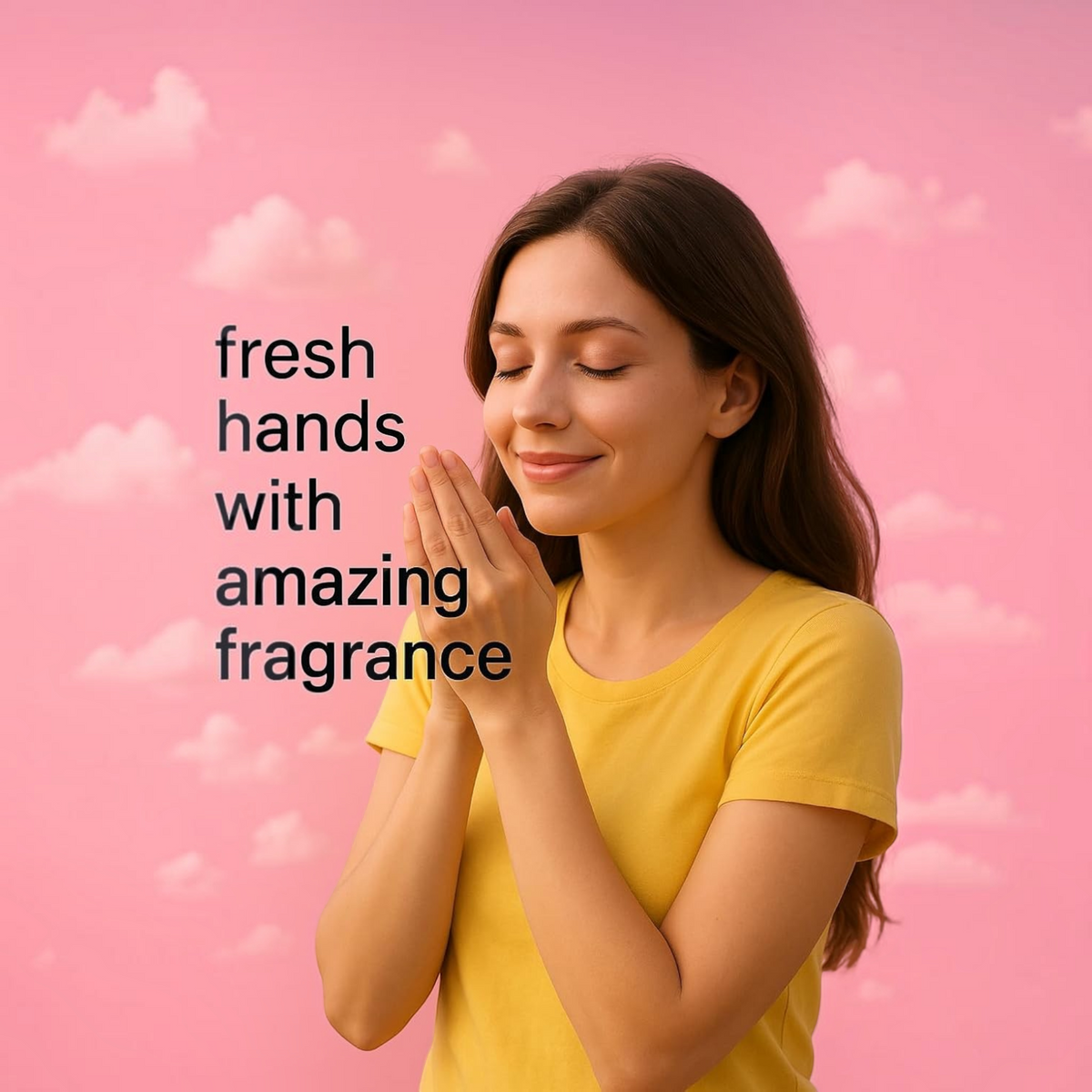 TipTop Retail lavender scented soap paper strips for fresh hands, held by a woman against a pink cloudy background.