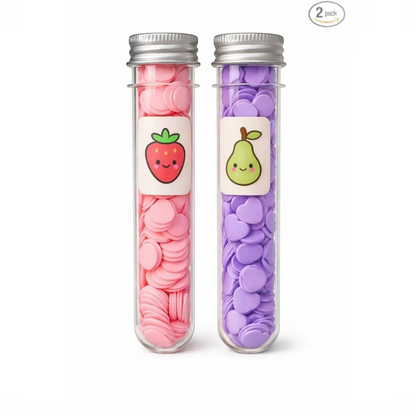 TipTop Retail lavender scented soap paper strips in two clear tubes with cute strawberry and pear character labels.