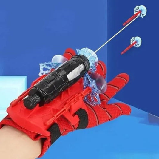TipTop Retail Spider-Man web shooter glove with wrist launcher, red fabric glove, and suction-cup rope projectiles.